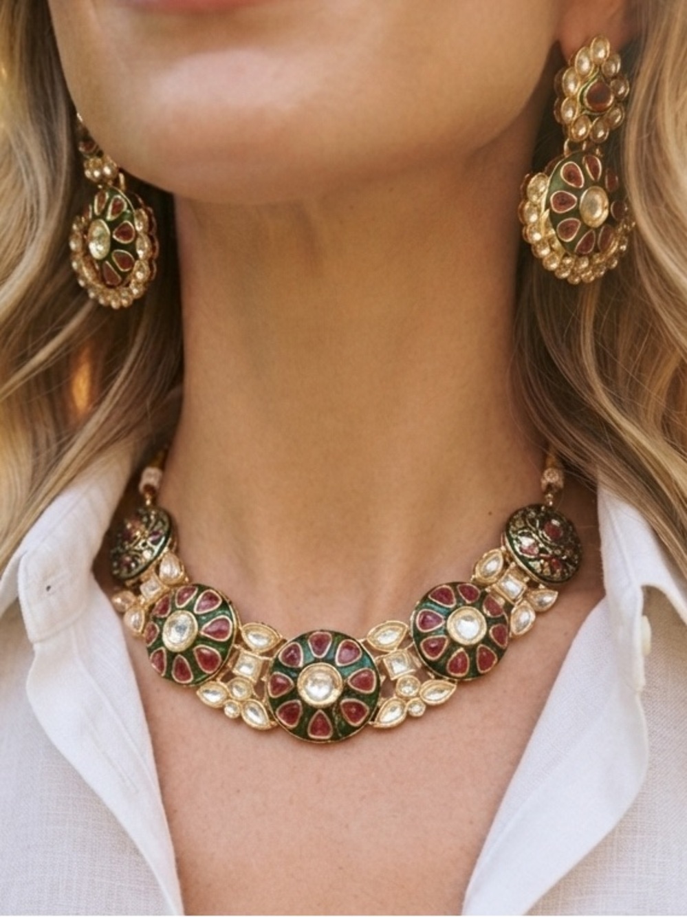 Gold Plated Traditional Necklace Set with Red and Green Accents